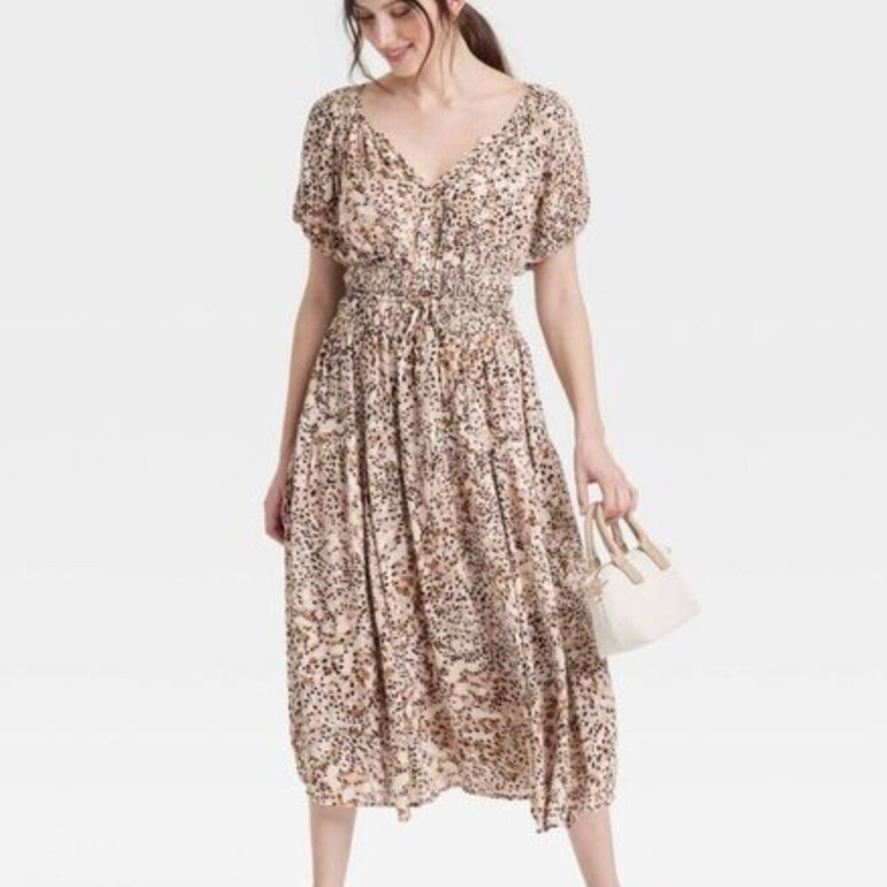 Women's Puff Short Sleeve Drop Tiered Midi A-Line Dress - Universal Thread - XL